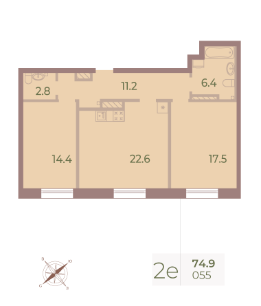 2 комн. квартира, 74.5 м², 8 этаж 