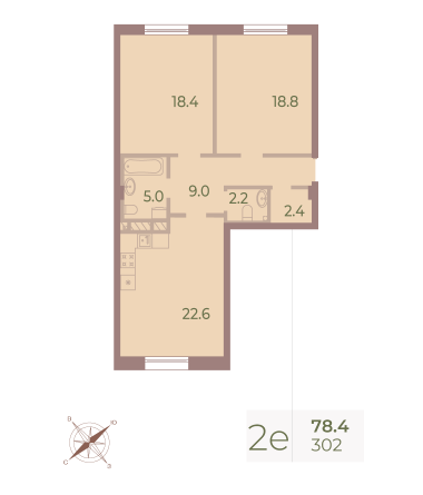 2 комн. квартира, 78 м², 9 этаж 