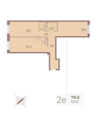 2 комн. квартира, 78.6 м², 7 этаж 