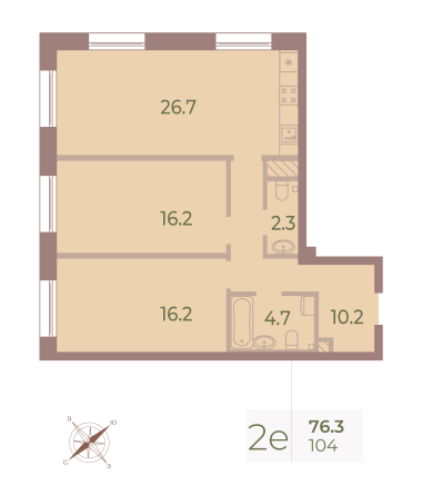 2 комн. квартира, 76 м², 5 этаж 