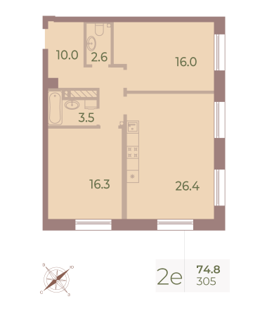 2 комн. квартира, 74.8 м², 9 этаж 