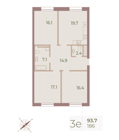 3 комн. квартира, 93.6 м², 9 этаж 