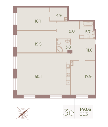 3 комн. квартира, 140.7 м², 1 этаж 