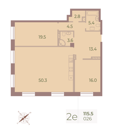 2 комн. квартира, 115.1 м², 5 этаж 