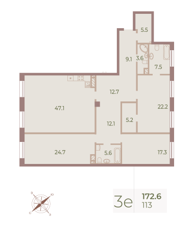 3 комн. квартира, 172.7 м², 6 этаж 