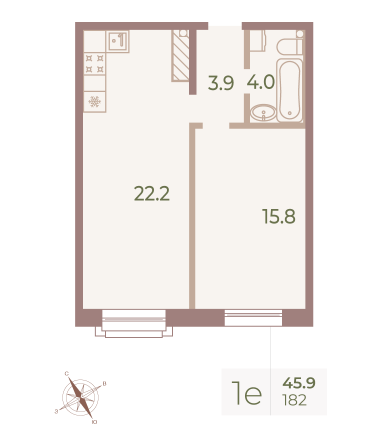 1 комн. квартира, 46.1 м², 9 этаж 