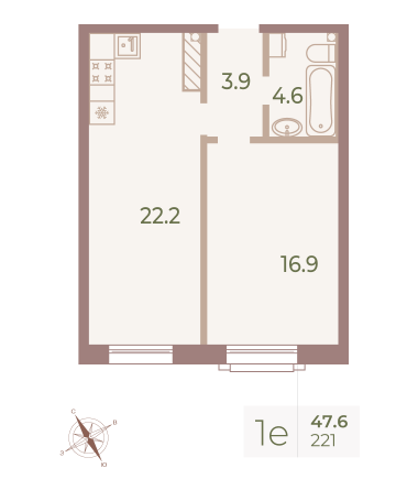 1 комн. квартира, 47.4 м², 9 этаж 