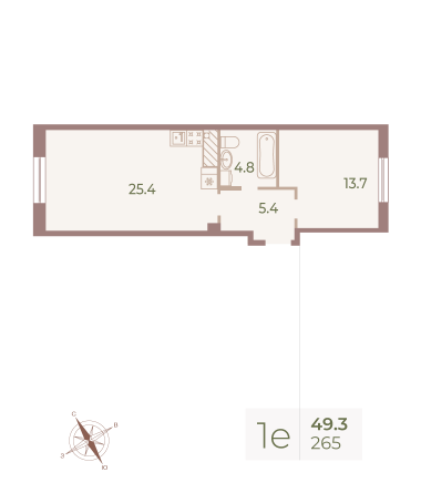 1 комн. квартира, 49.2 м², 9 этаж 