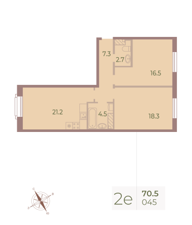 2 комн. квартира, 70.4 м², 9 этаж 