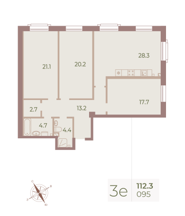 3 комн. квартира, 113.2 м², 2 этаж 
