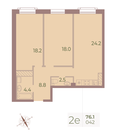 2 комн. квартира, 76.2 м², 9 этаж 