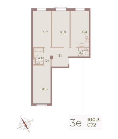 3 комн. квартира, 101.1 м², 6 этаж 
