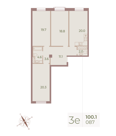 3 комн. квартира, 100.9 м², 9 этаж 