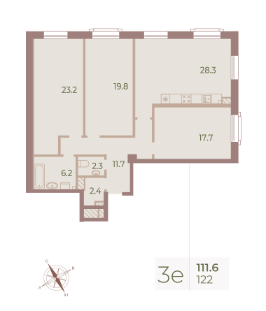 3 комн. квартира, 112.5 м², 6 этаж 