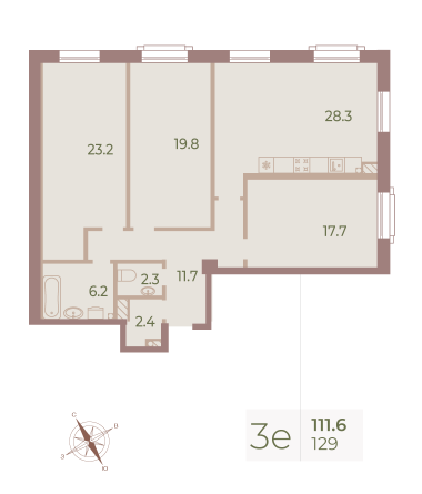 3 комн. квартира, 112.8 м², 7 этаж 