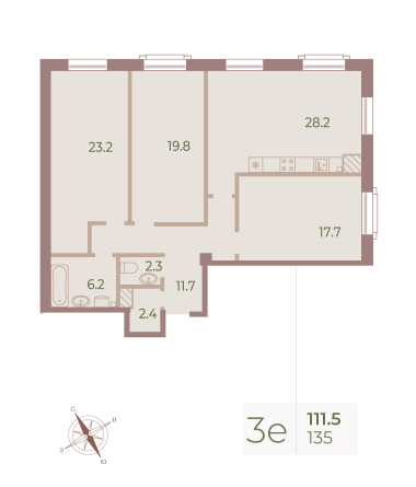 3 комн. квартира, 112.4 м², 8 этаж 