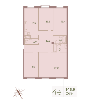 4 комн. квартира, 147.2 м², 6 этаж 