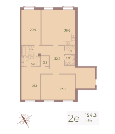 3 комн. квартира, 155.4 м², 8 этаж 