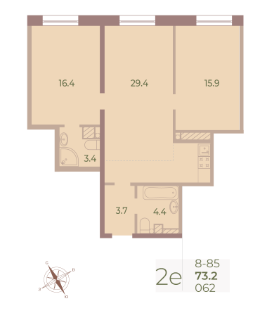 2 комн. квартира, 73.3 м², 8 этаж 