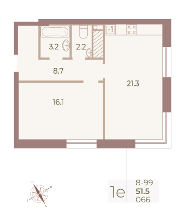 1 комн. квартира, 51.6 м², 9 этаж 