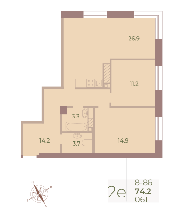 2 комн. квартира, 73.9 м², 8 этаж 