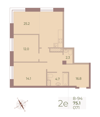 2 комн. квартира, 74.7 м², 9 этаж 