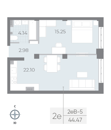 1 комн. квартира, 44.5 м², 4 этаж 