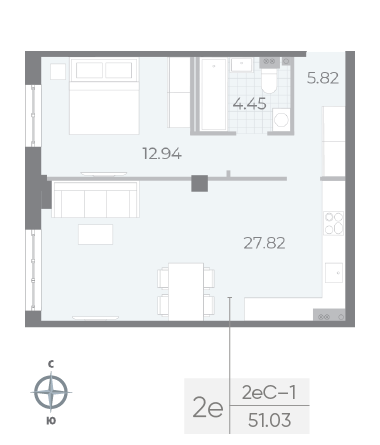 1 комн. квартира, 51 м², 4 этаж 