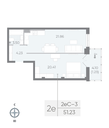 1 комн. квартира, 51.2 м², 6 этаж 