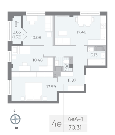 3 комн. квартира, 70.3 м², 6 этаж 