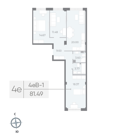 3 комн. квартира, 81.5 м², 3 этаж 