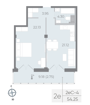 1 комн. квартира, 54.3 м², 8 этаж 