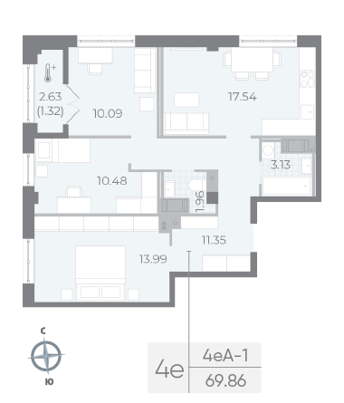 3 комн. квартира, 69.9 м², 8 этаж 