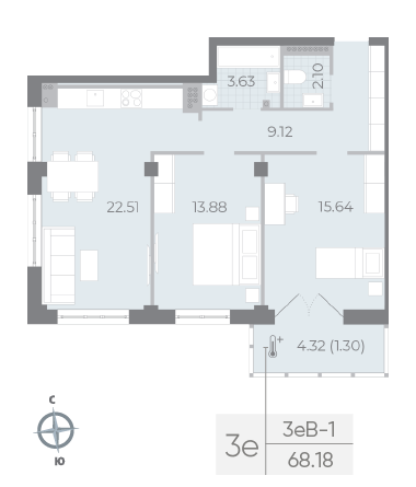 2 комн. квартира, 68.2 м², 8 этаж 