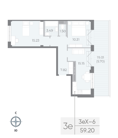 2 комн. квартира, 59.2 м², 8 этаж 