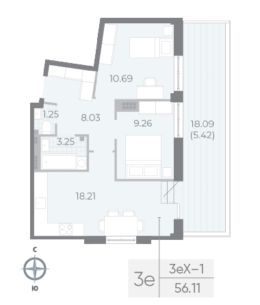 2 комн. квартира, 56.1 м², 8 этаж 