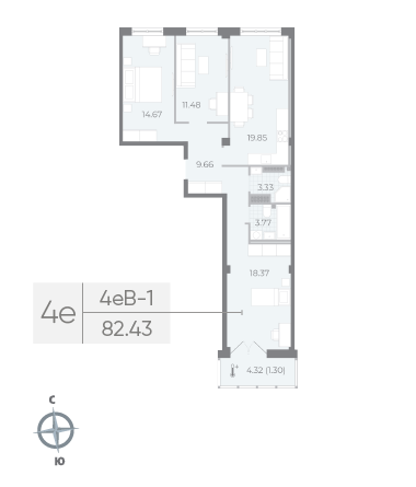 3 комн. квартира, 82.4 м², 7 этаж 