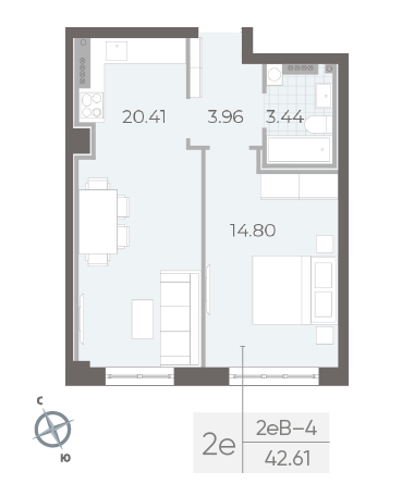 1 комн. квартира, 42.6 м², 4 этаж 
