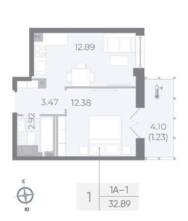 1 комн. квартира, 32.9 м², 8 этаж 