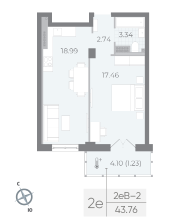 1 комн. квартира, 43.8 м², 6 этаж 