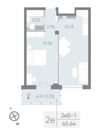 1 комн. квартира, 45.6 м², 5 этаж 