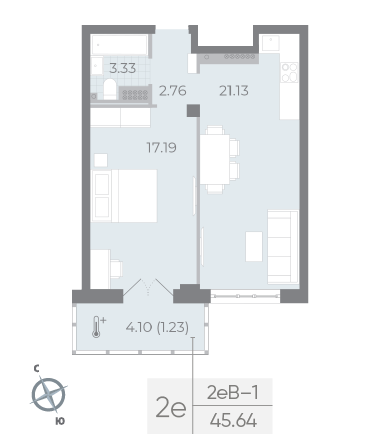 1 комн. квартира, 45.6 м², 6 этаж 
