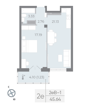 1 комн. квартира, 45.6 м², 8 этаж 