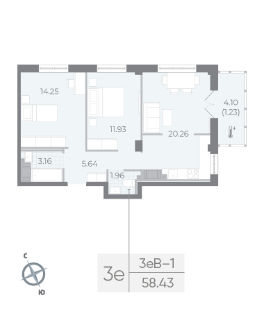 2 комн. квартира, 58.4 м², 7 этаж 