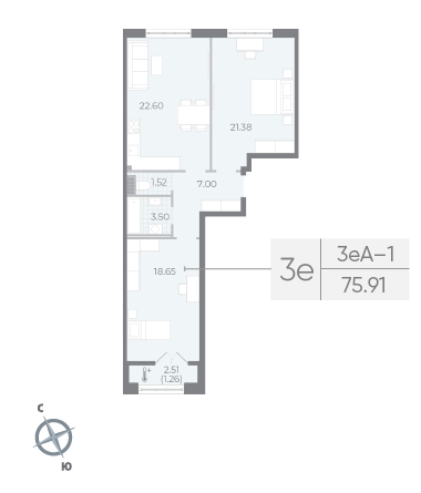 2 комн. квартира, 75.9 м², 5 этаж 