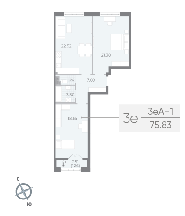 2 комн. квартира, 75.8 м², 6 этаж 