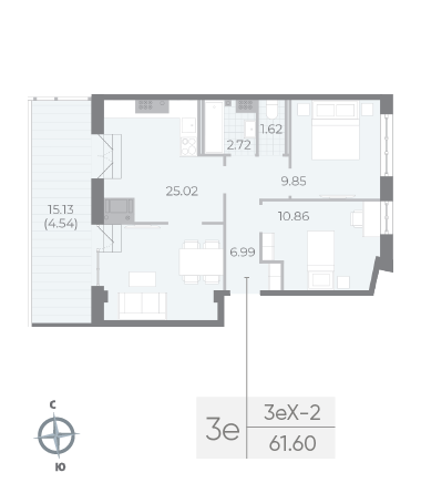 2 комн. квартира, 61.6 м², 8 этаж 