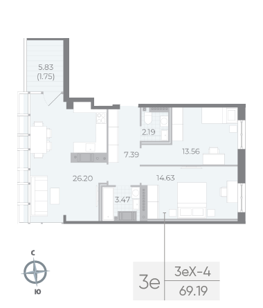 2 комн. квартира, 69.2 м², 8 этаж 