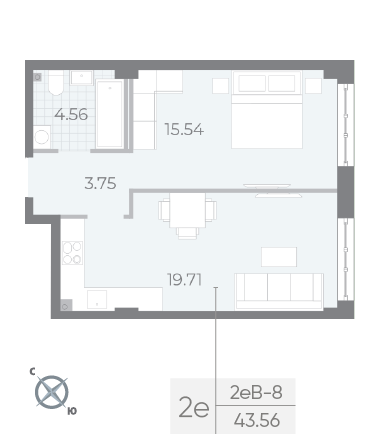 1 комн. квартира, 43.6 м², 1 этаж 