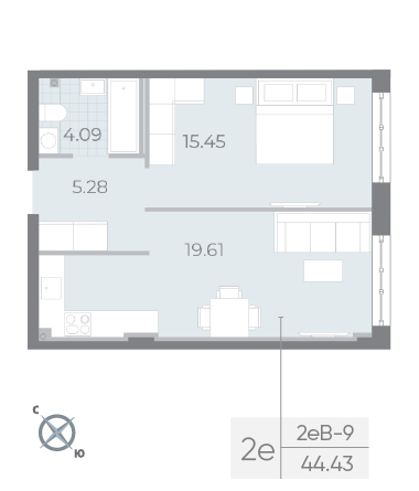 1 комн. квартира, 44.4 м², 1 этаж 